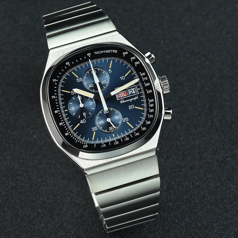 Hruodland F022 Retro Chronograph-Herrenuhr – Saphirglas Edelstahl Blau & Schwarz Fashion