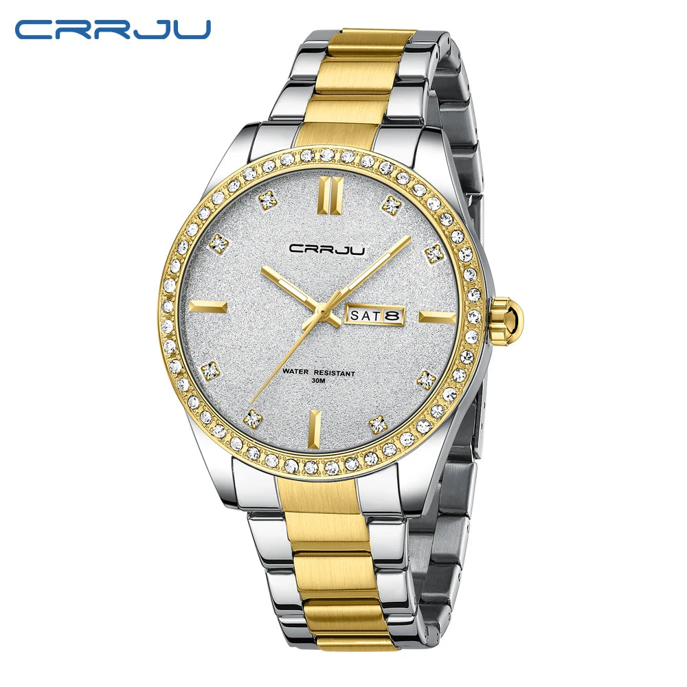 Montre Homme CRRJU Moissanite Diamant Luxe Cadran Doré Acier Inoxydable Lumineux Élégante Premium | Montre CRRJU Moissanite Diamant Luxe Premium