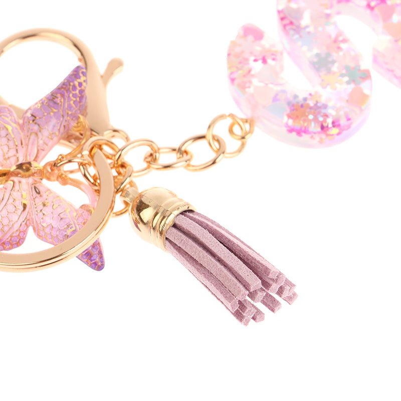 Porte-Clés Lettre Initiale Sequins Femme – Pendentif Papillon Pompon Sac Voiture Bijou