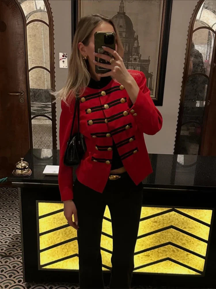 Veste Courte Femme Style Militaire Napoléon Vert Kaki Col Droit Boutonnage Simple – Chic Rétro High Street