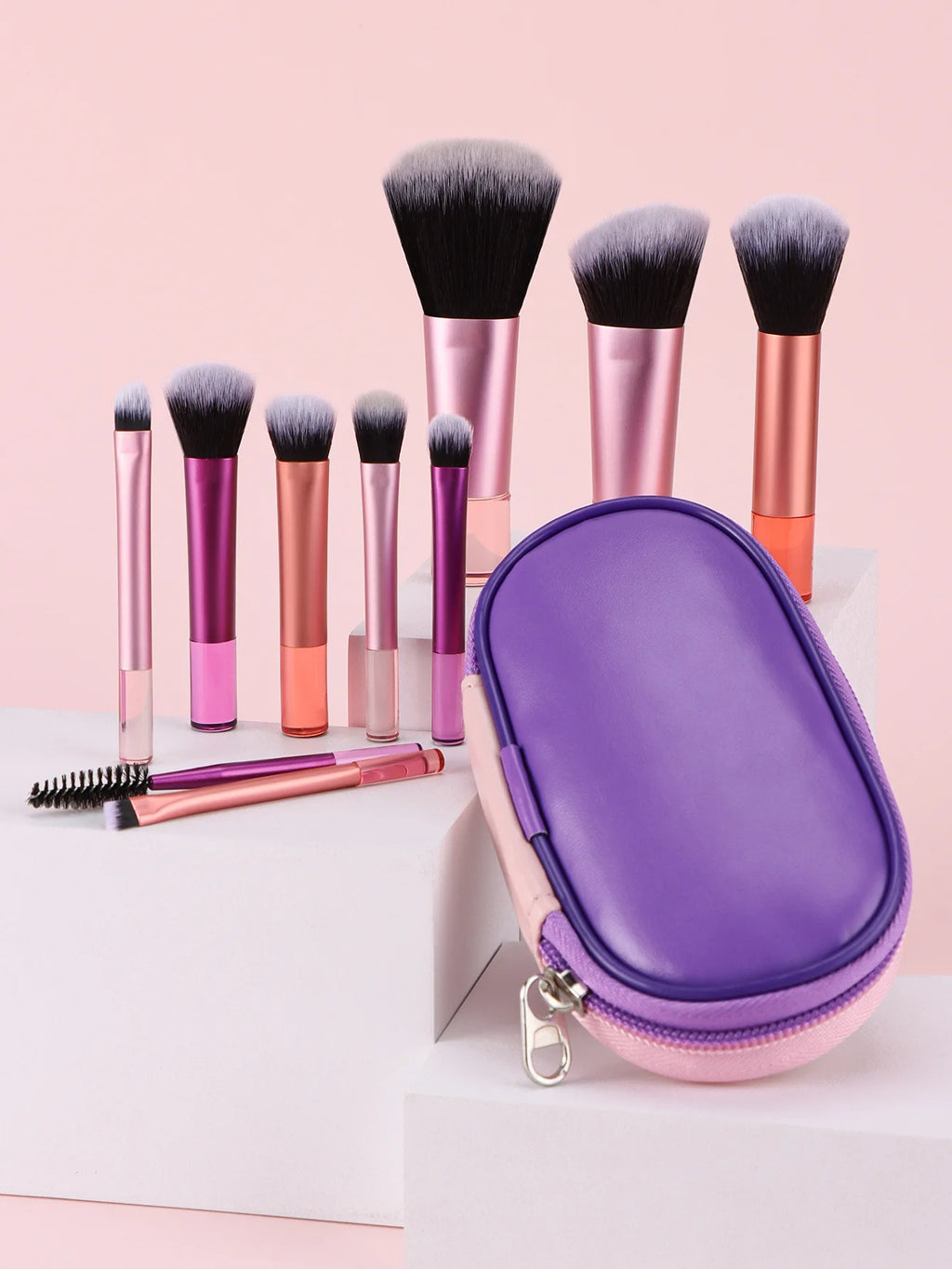 Set 10 Mini Pinceaux Maquillage Manche Crystal – Voyage Friendly avec Pochette | Pinceaux Yeux & Fond de Teint Débutantes