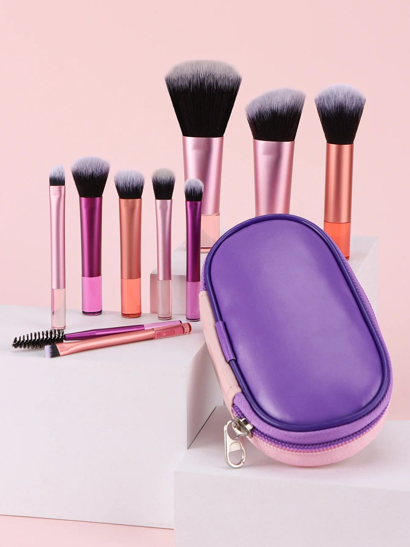 Set 10 Mini Pinceaux Maquillage Manche Crystal – Voyage Friendly avec Pochette | Pinceaux Yeux & Fond de Teint Débutantes