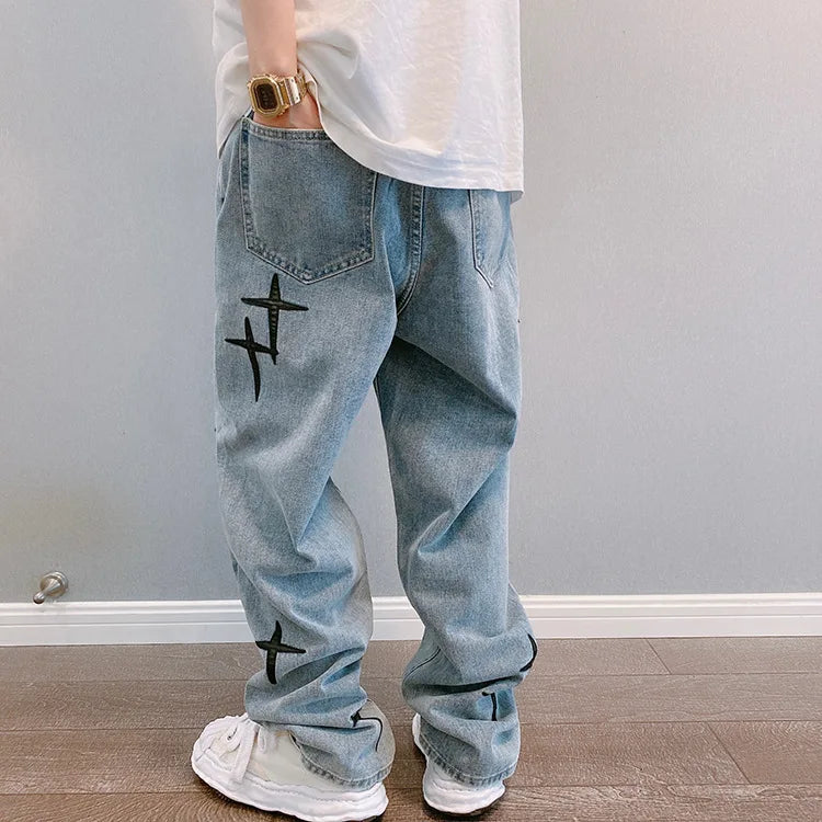 Jean Homme Imprimé Baggy Wide Leg Style Coréen K-Fashion Streetwear Cargo Droit Casual Loose Denim Tendance Urbain – Jean Baggy Premium K-Fashion | Mode Homme Streetwear K-Fashion Premium