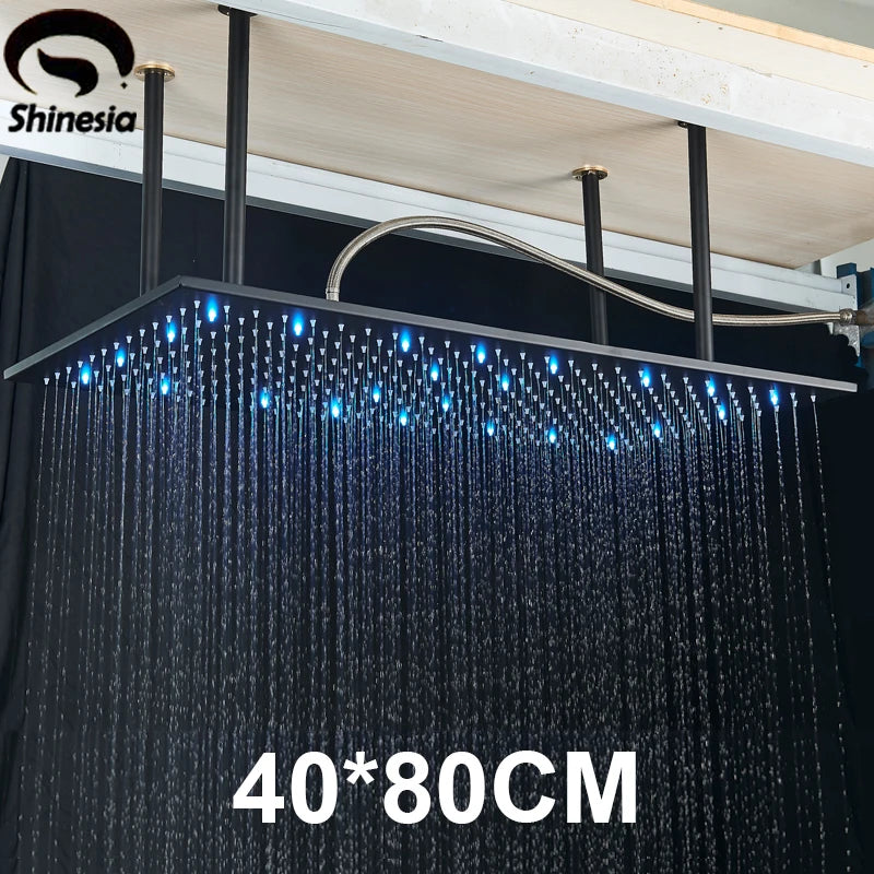 Shinesia Système Douche Pluie LED Plafond 40x80cm – Cascade & Pluie, Noir ou Or Brossé | Douche Luxe Salle de Bain