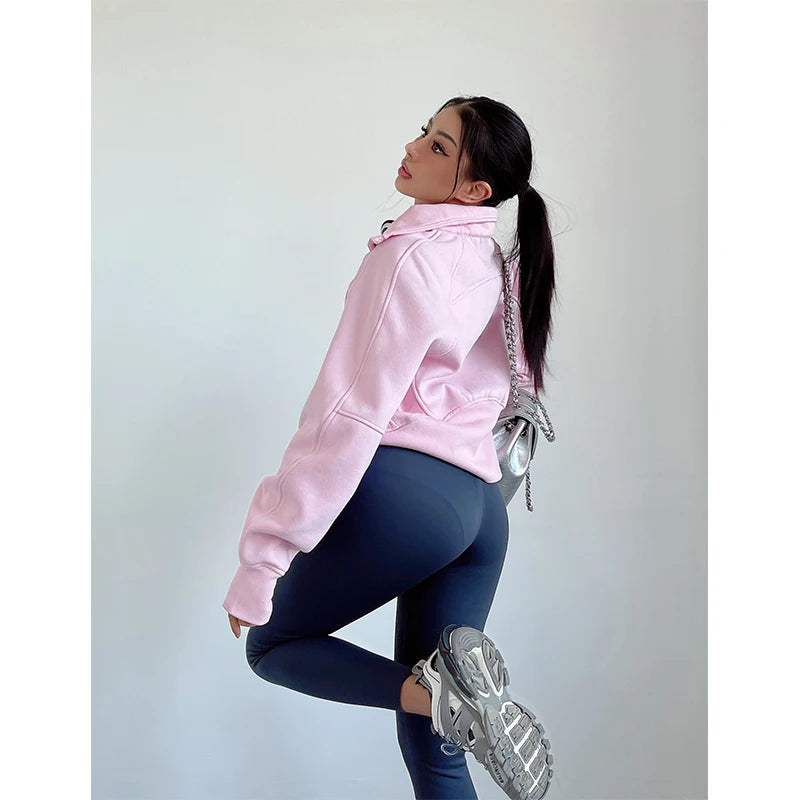 Sweat Femme Oversize Zip Polaire – Hoodie Streetwear Chaud Casual Rose Blanc
