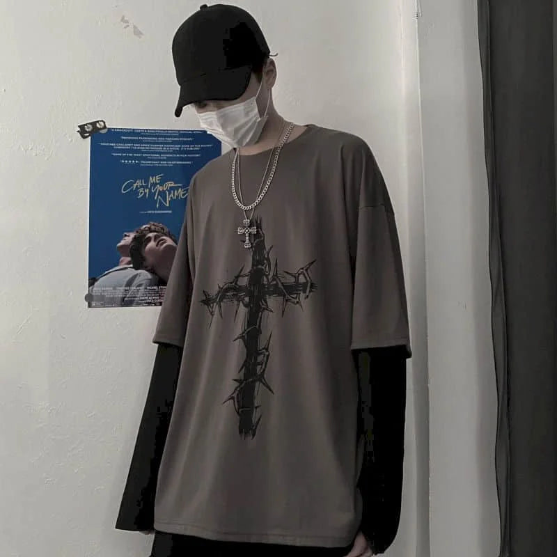 T-Shirt Homme Oversize Manches Longues Croix d'Épines Dark Hip-Hop Y2K Gothic Streetwear Été Tendance – Tee Graphique Dark Aesthetic Unisexe | Mode Streetwear Premium