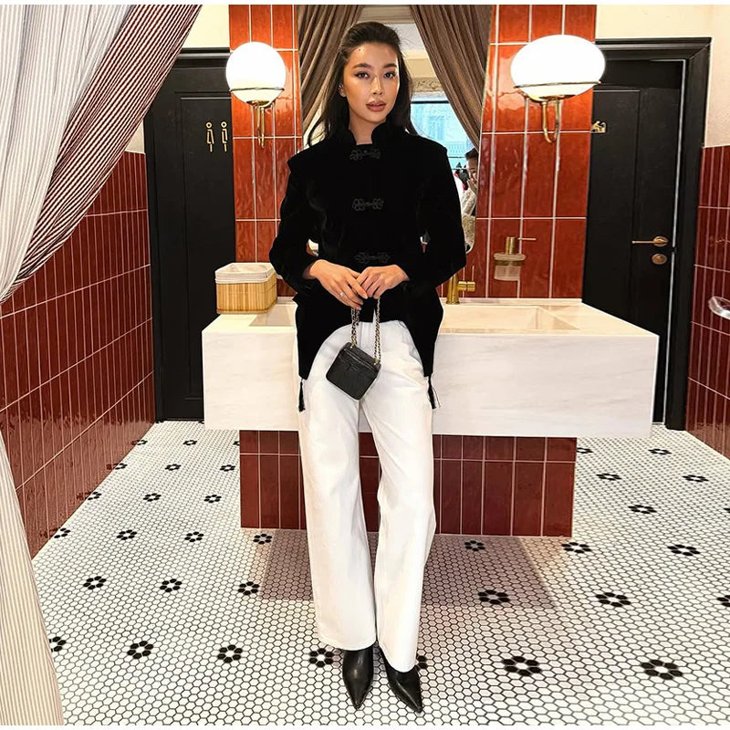 Veste Femme Velours Noir Franges Boutons Nœuds Ourlet Asymétrique Manches Longues Slim – Élégante Streetwear & Bureau