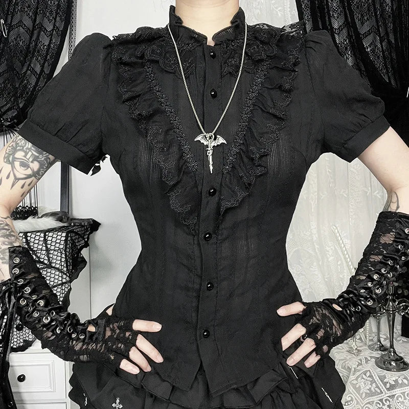 Sweet Lolita Cotton Shirts Women Vintage Gothic Black White Jacquard Short Sleeve Blouses Elegant Office Lady Y2k Tops