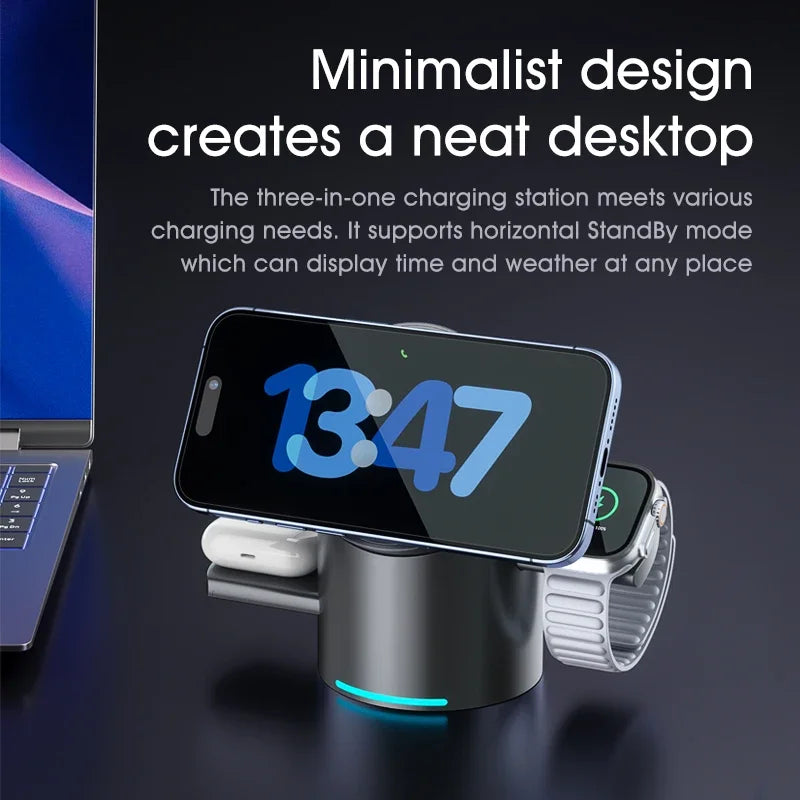 Chargeur Qi2 3-en-1 Multifonction Tactile Rotatif – iPhone 16 15 14 Pro Max iWatch Écouteurs