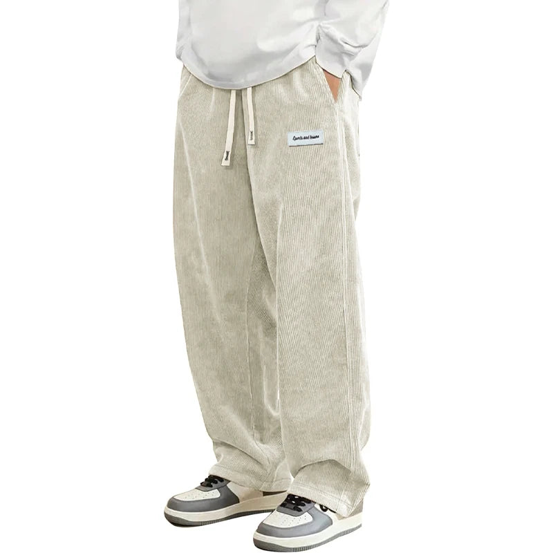 Pantalon Velours Côtelé Homme Loose Fit Coupe Droite Automne – Taille Élastique Cordon Outdoor Streetwear | Mode Homme