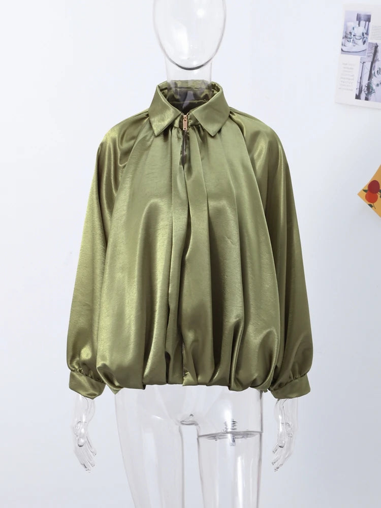 Veste Femme Suède Vert Élégante Manches Bouffantes Revers Fermeture Éclair Ample Plissée – Blouson Court Streetwear Printemps Automne | Mode 2025