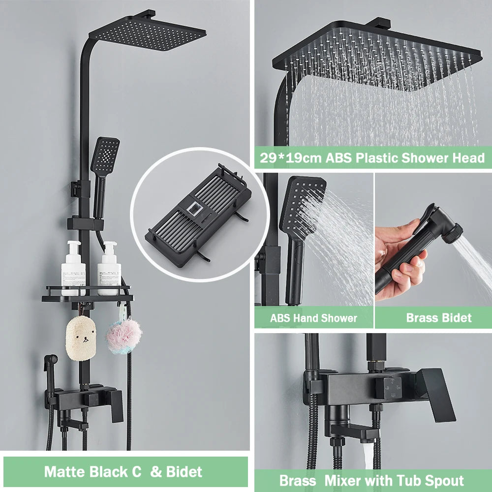 Rozin Ensemble Douche Pluie Mural Noir – Avec Bidet, Étagère & Bec Baignoire | Système Complet Laiton