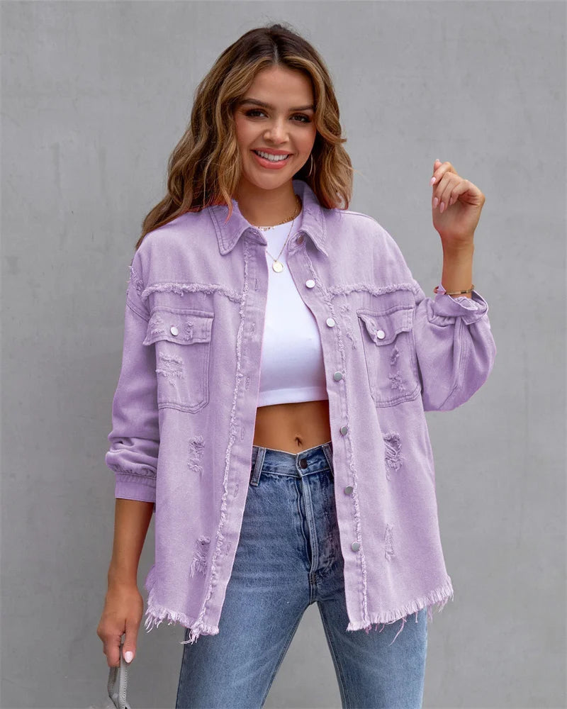 Veste en Jean Femme Bords Bruts Troués – Style Chemise Casual | Printemps Automne Tendance 2025