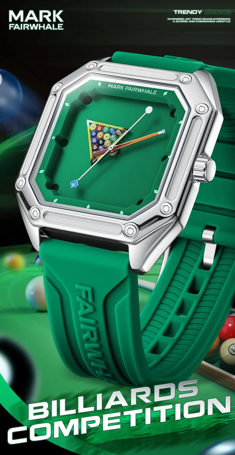 Herrenuhr Mark Fairwhale 5047 Quarz Quadratisch – Leuchtendes Billardzifferblatt Kautschuk Fashion