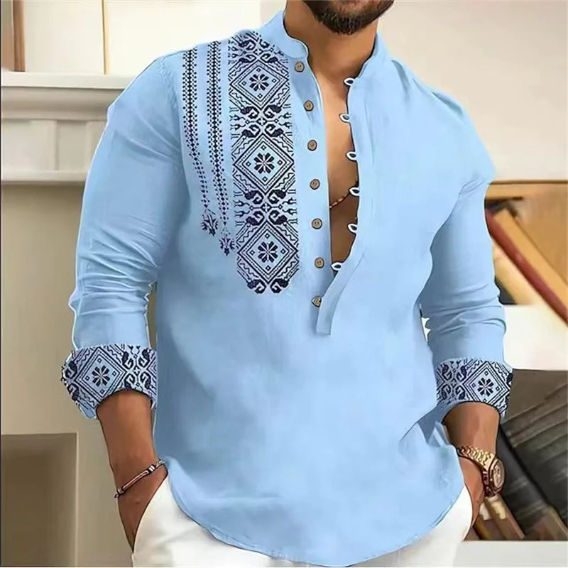 Chemise Lin Homme Cardigan Boutons Motif Tendance Coupe Slim Confortable Douce Rétro Grande Taille 6XL | Chemise Lin Rétro Premium