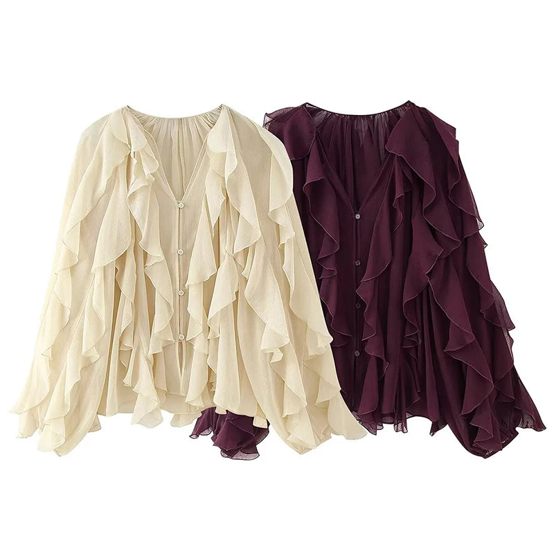 Blouse À Volants Semi-Transparente Femme Col V – Manches Longues Boutons | Style Sensuel Automne Bordeaux