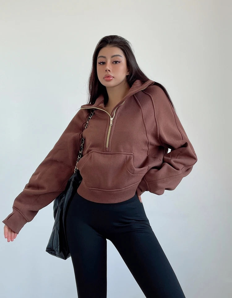 Sweat Femme Oversize Zip Polaire – Hoodie Streetwear Chaud Casual Rose Blanc