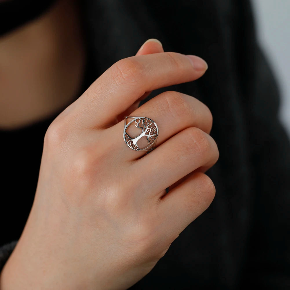 Bague Arbre de Vie Acier Inoxydable Argenté – Symbole Nature & Spiritualité | Bijou Unisexe Couple & Mariage | Cadeau Intemporel