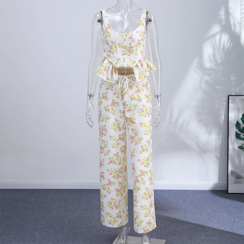 Ensemble 2 Pièces Imprimé Élégant - Gilet Sans Manches À Volants & Pantalon Large | Printemps Été 2026