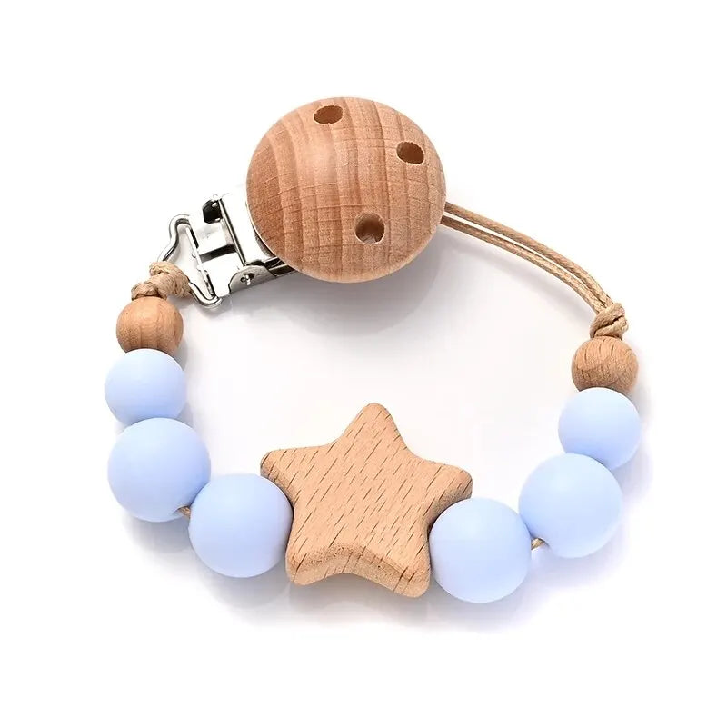 Attache-Tétine Bébé Perles Silicone & Bois Étoile – Chaîne Anneau Dentition Jouet À Mâcher Cadeau Naissance