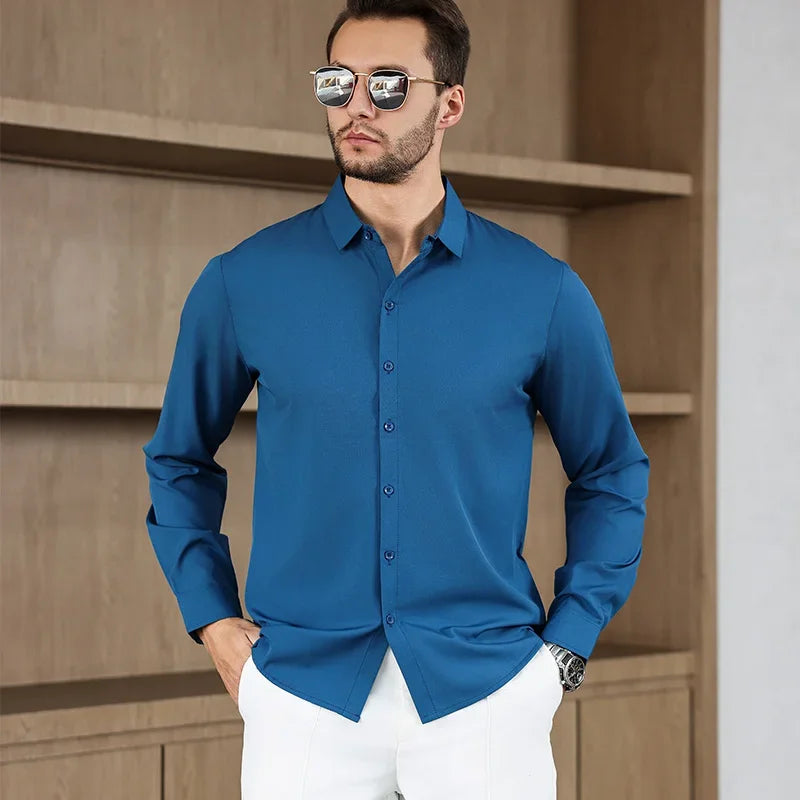 Chemise Homme Business Casual Manches Longues Couleur Unie Anti-Froissage – Confortable Toutes Saisons Polyvalente | Mode Homme Élégant