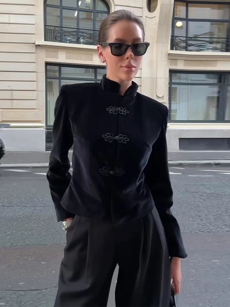 Veste Femme Velours Noir Franges Boutons Nœuds Ourlet Asymétrique Manches Longues Slim – Élégante Streetwear & Bureau