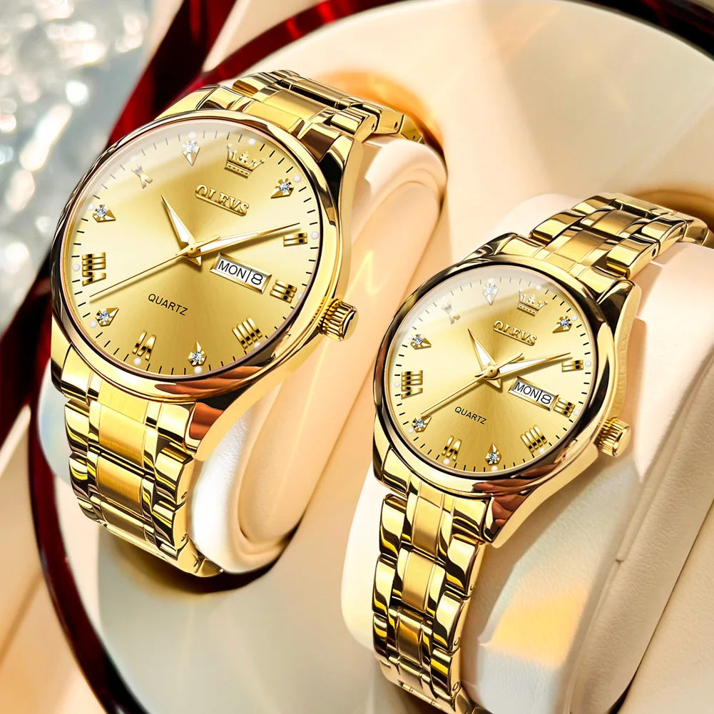Montre Couple OLEVS Or Luxe Quartz – Acier Lumineux Étanche Date Semaine Tendance