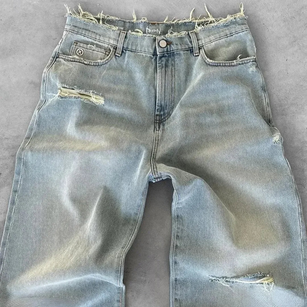 Zerrissene Destroyed Jeans für Herren, Loose Fit, Knöchellang, Reißverschluss, Taschen, Casual Vintage | Premium Vintage Destroyed Jeans