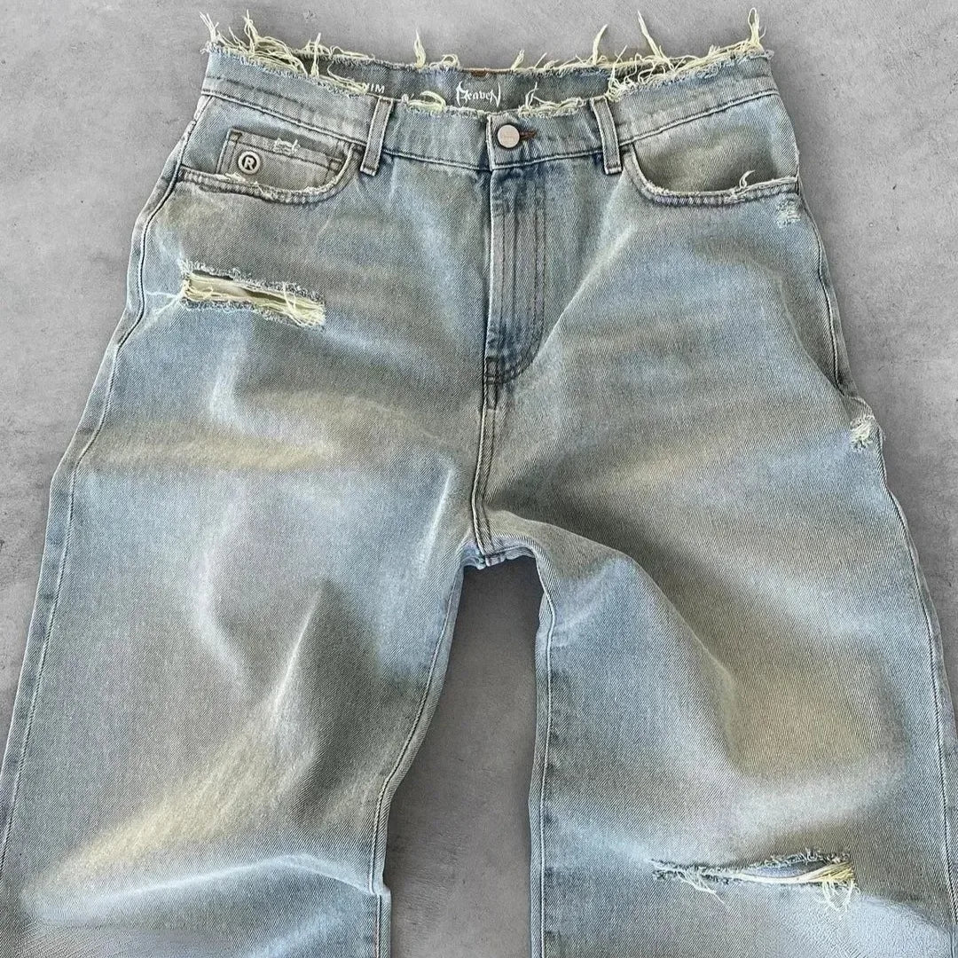Zerrissene Destroyed Jeans für Herren, Loose Fit, Knöchellang, Reißverschluss, Taschen, Casual Vintage | Premium Vintage Destroyed Jeans