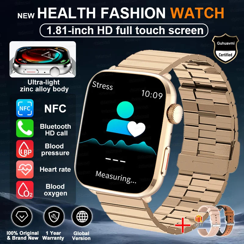 Smartwatch 2025 Unisex Gesundheit NFC Bluetooth – Blutdruck Sauerstoff Sport Anrufe | Herren & Damen