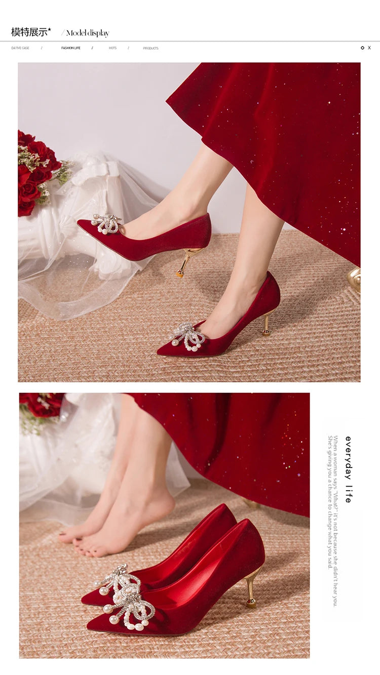 Chaussures Mariée Perle Talon Épais Bout Pointu – Xiuhe Robe Mariage Confortables