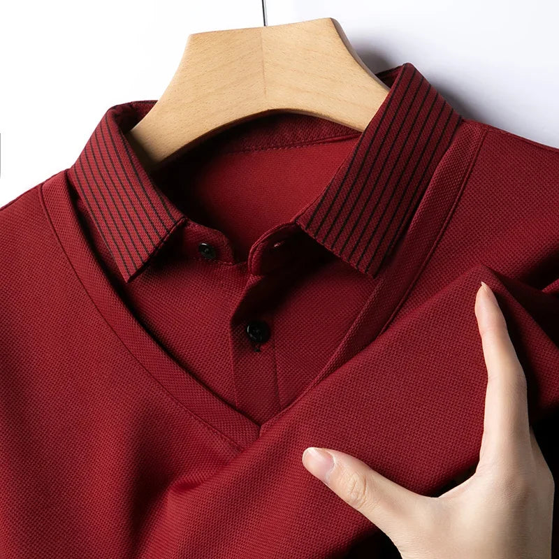 Polo Homme Manches Longues Faux Deux Pièces Couleur Unie – Business Casual Élégant Toutes Saisons Polyvalent | Mode Homme Premium