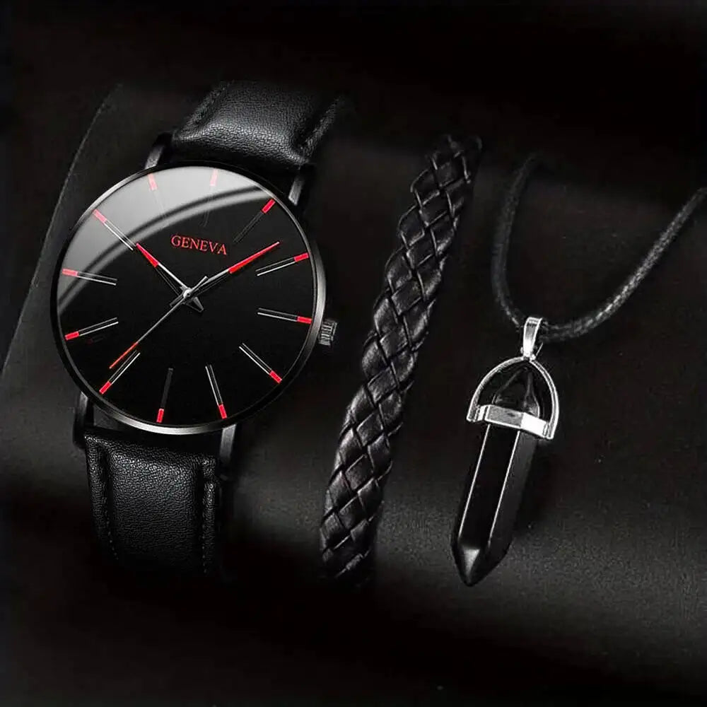 Coffret 3 Pièces Homme Montre Quartz Cuir + Bracelet + Collier – Set Business Fashion Élégant