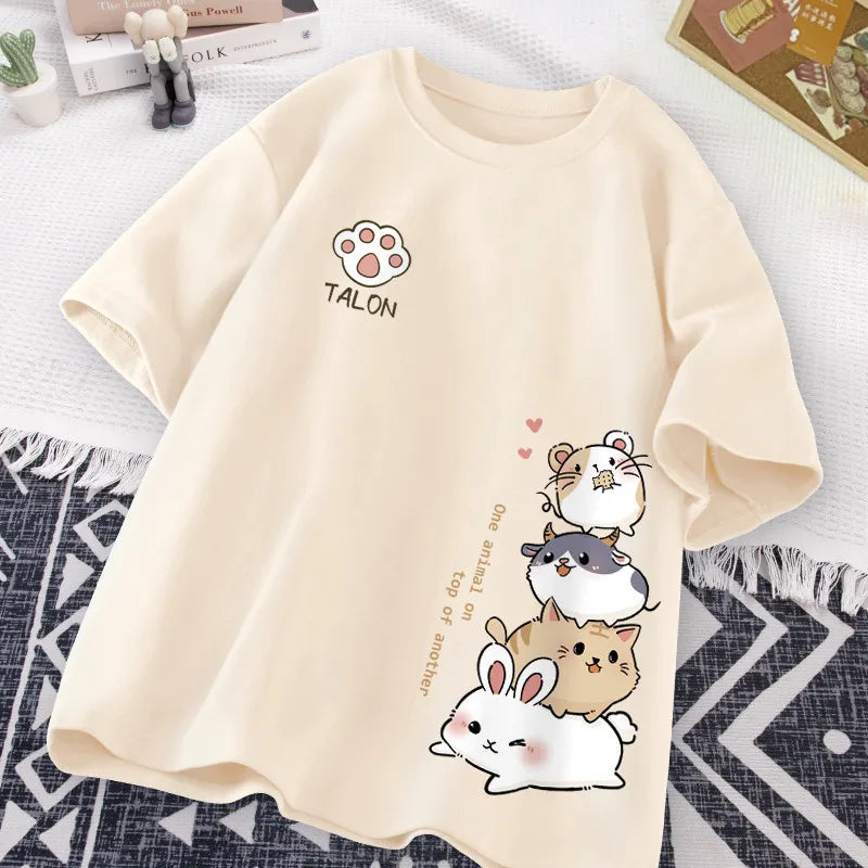 T-Shirt Imprimé Hamster Kawaii Style Japonais Femme – Coupe Loose Casual | Été Cute & Doux
