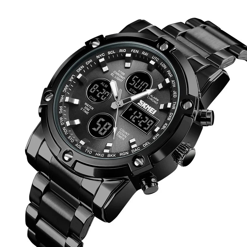 Montre Homme SKMEI Luxe Bracelet Acier 3 Fuseaux Horaires LED Sport Alarme Analogique Digitale Chronomètre | Montre SKMEI Multifonction Sport Luxe Premium