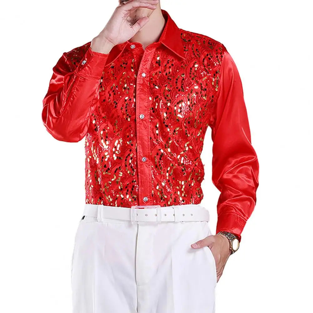 Chemise Homme Luxe Paillettes Scène Mariage Manches Longues Boutonnage Simple – Tenue Formelle Casual Élégante Brillante | Mode Homme Premium