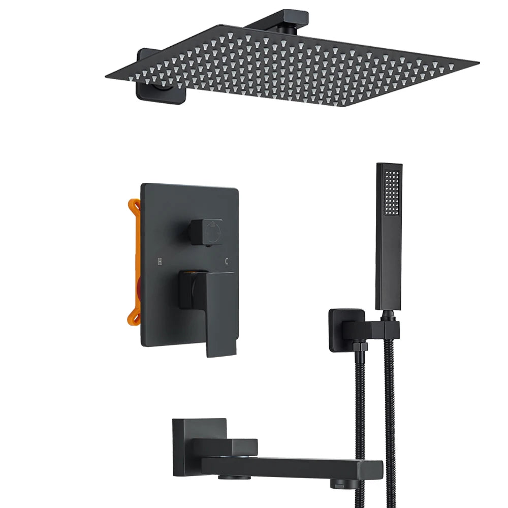 Ensemble Douche Encastré Noir Mat – 2-3 Voies, Mitigeur Caché, Pommeau Pluie | Salle de Bain Design