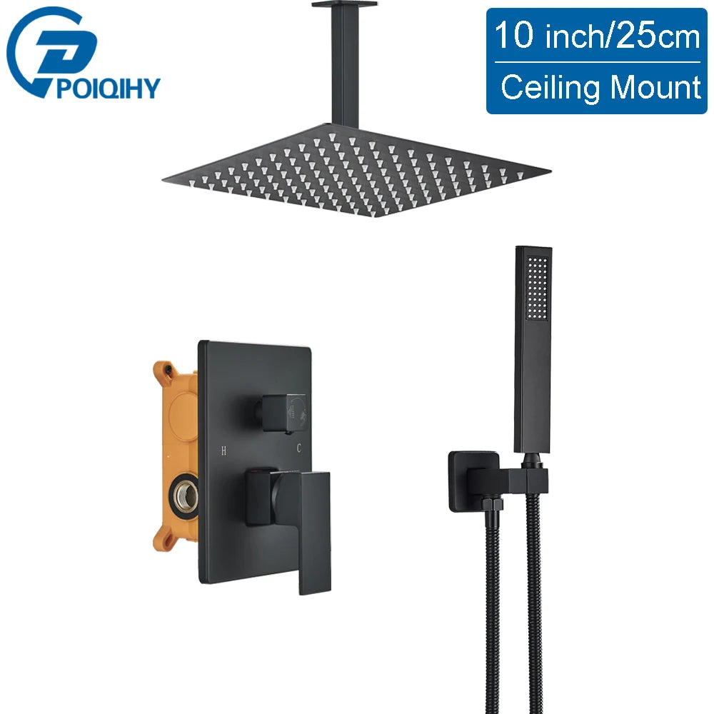 Ensemble Douche Encastré Noir Mat – 2-3 Voies, Mitigeur Caché, Pommeau Pluie | Salle de Bain Design