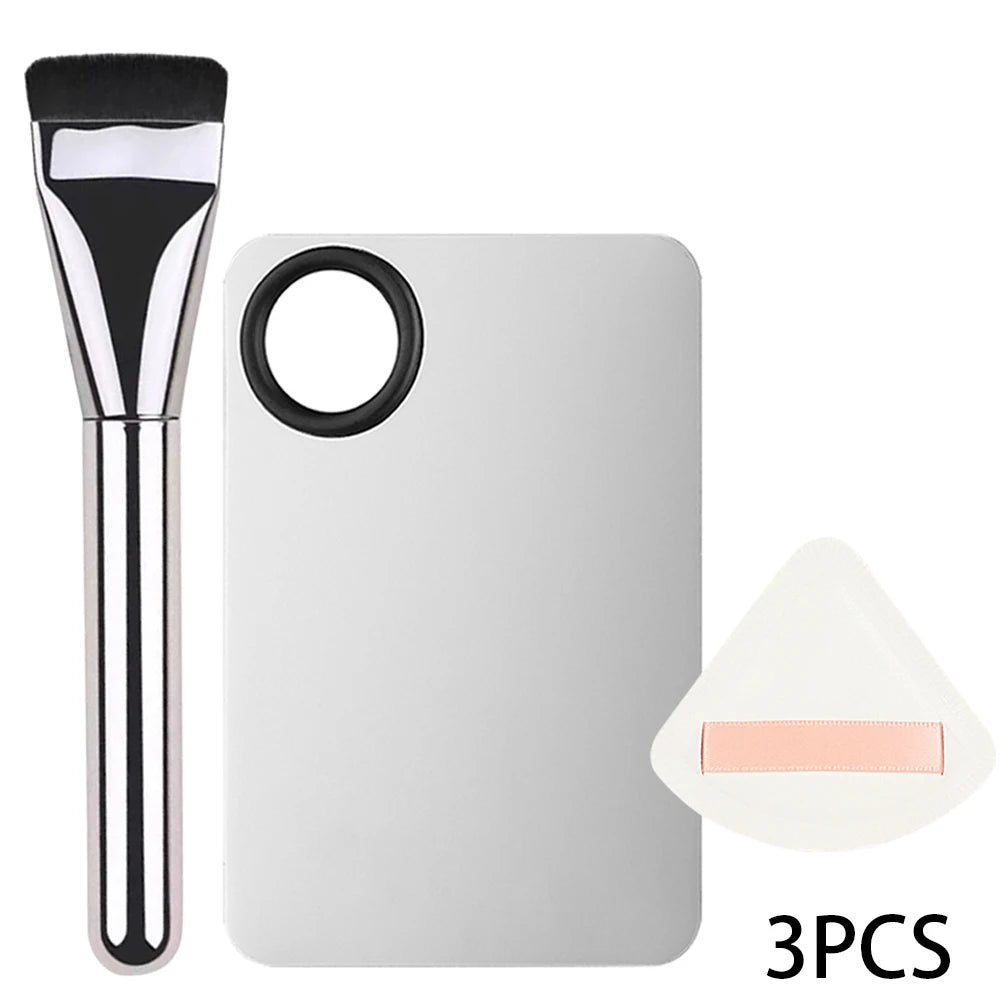 Set Pinceaux Contouring & Fond de Teint – 3/5 Pcs | Palette Inox & Puff