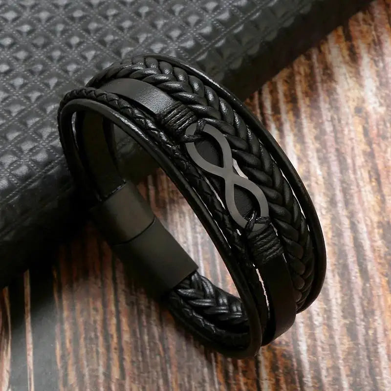 Bracelet Cuir Multi-Rangs Symbole Infini Acier Inoxydable Homme – Style Punk & Biker Authentique | Bijou Homme Streetwear Cadeau Mode Premium