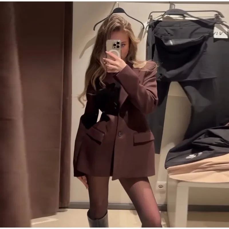 Ensemble Blazer Mini Jupe Femme Élégant – Col Revers Manches Longues Slim Uni | Tenue Bureau Chic 2025