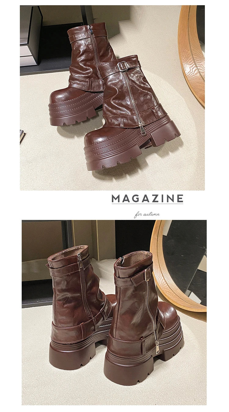 Bottines Cuir Femme 10CM Chunky Platform – Combat Boots Punk Moto Non-Slip Automne Hiver