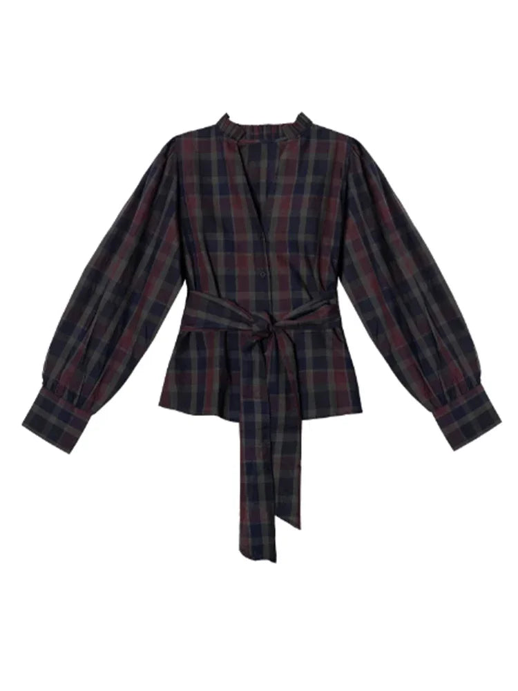 Ensemble 2 Pièces Femme Veste À Carreaux Manches Lanterne Lacets Plissée & Jupe Longue – Tenue Bureau Casual Chic Élégante | Mode