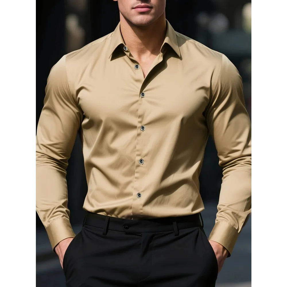Chemise Homme Manches Longues Tissu Élastique Couleur Unie Multi-Couleurs Qualité Premium Basique Intemporelle Confortable Élégante Polyvalente – Chemise Premium Manches Longues Élastique Couleur Unie Multi-Couleurs | Mode Homme Chemise Premium