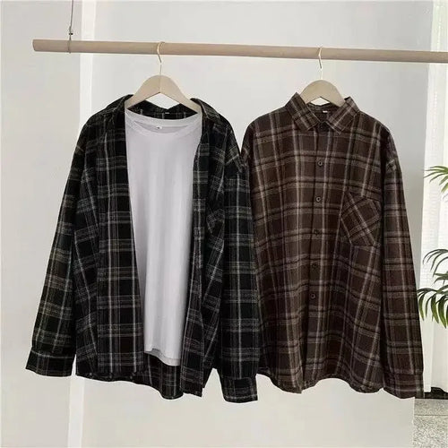 Chemise Femme À Carreaux Vintage Oversize Manches Longues Boutons Style Coréen – Casual Chic Automne | Streetwear