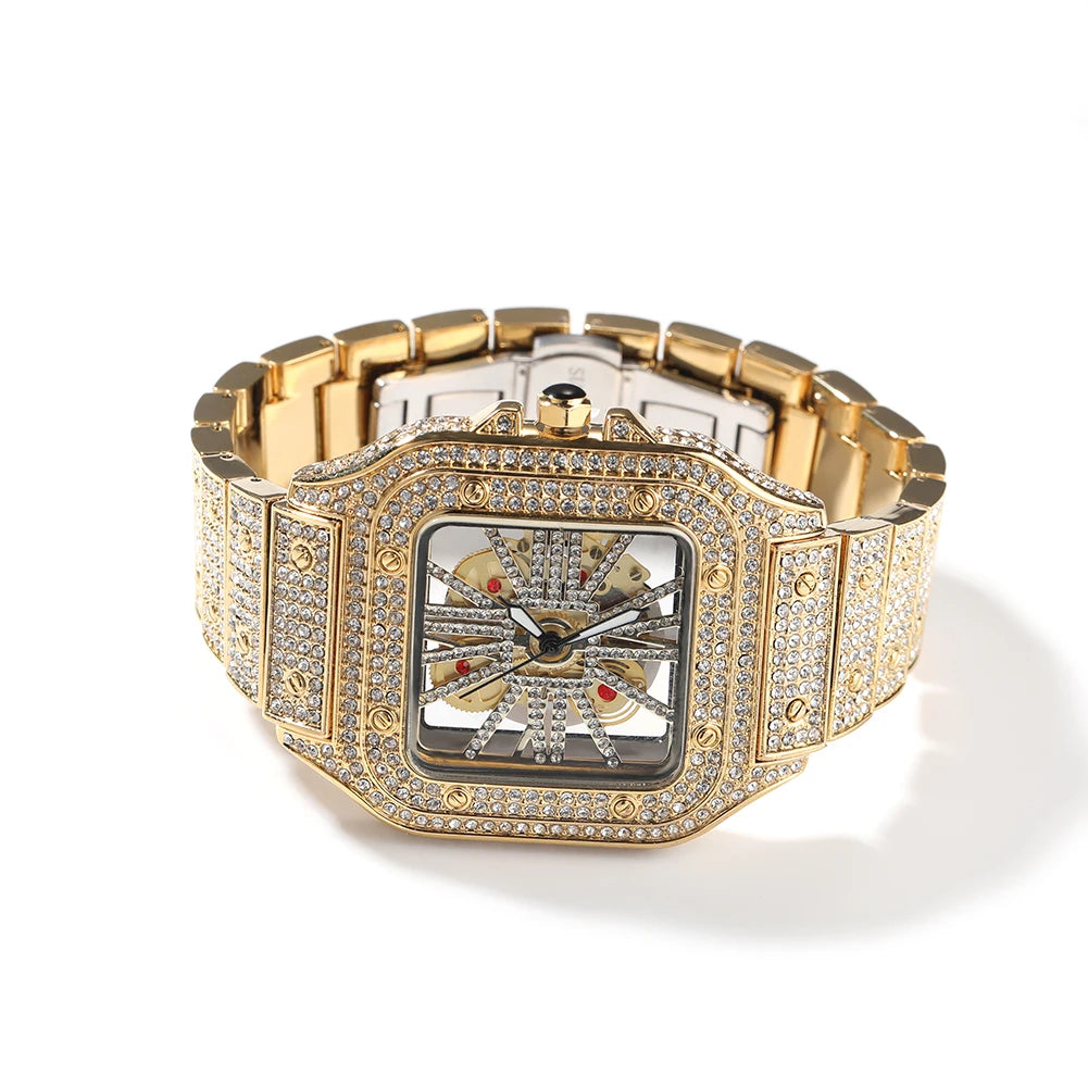Montre Quartz Transparente Rhinestone Luxe Homme – Cadran Carré Skeleton 35mm Automatique