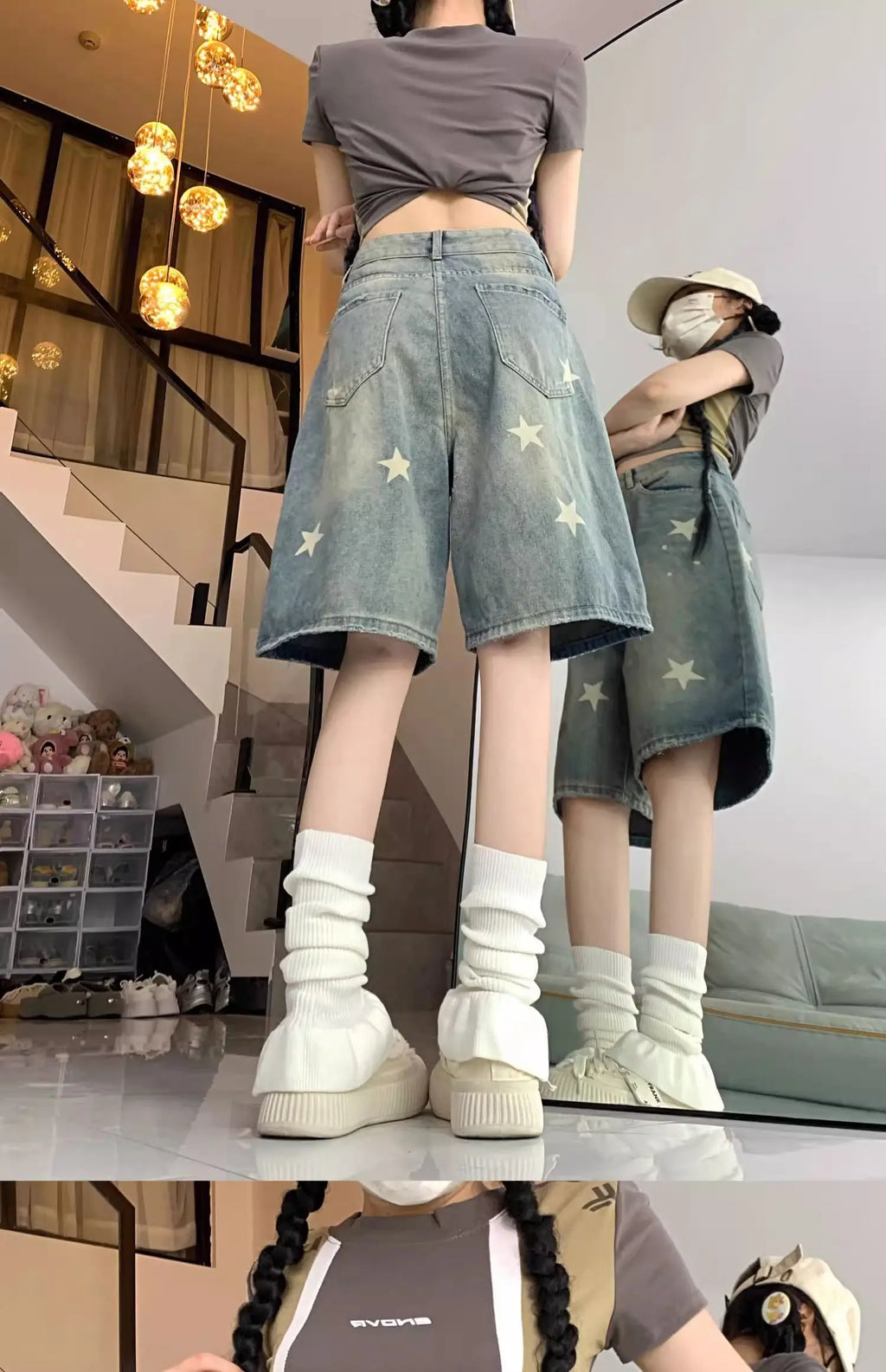 Short Jean Femme Imprimé Floral & Étoiles Style Rétro Américain – Jambe Droite Large Stretch Confortable