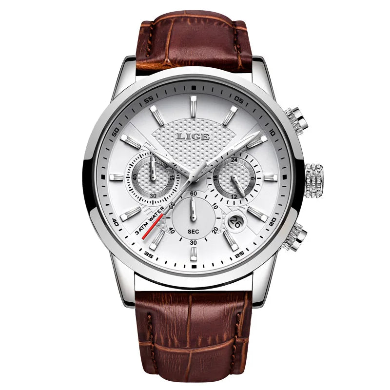 Montre Homme Luxe LIGE Chronographe Quartz Cuir – Business Sport Étanche Date 2025