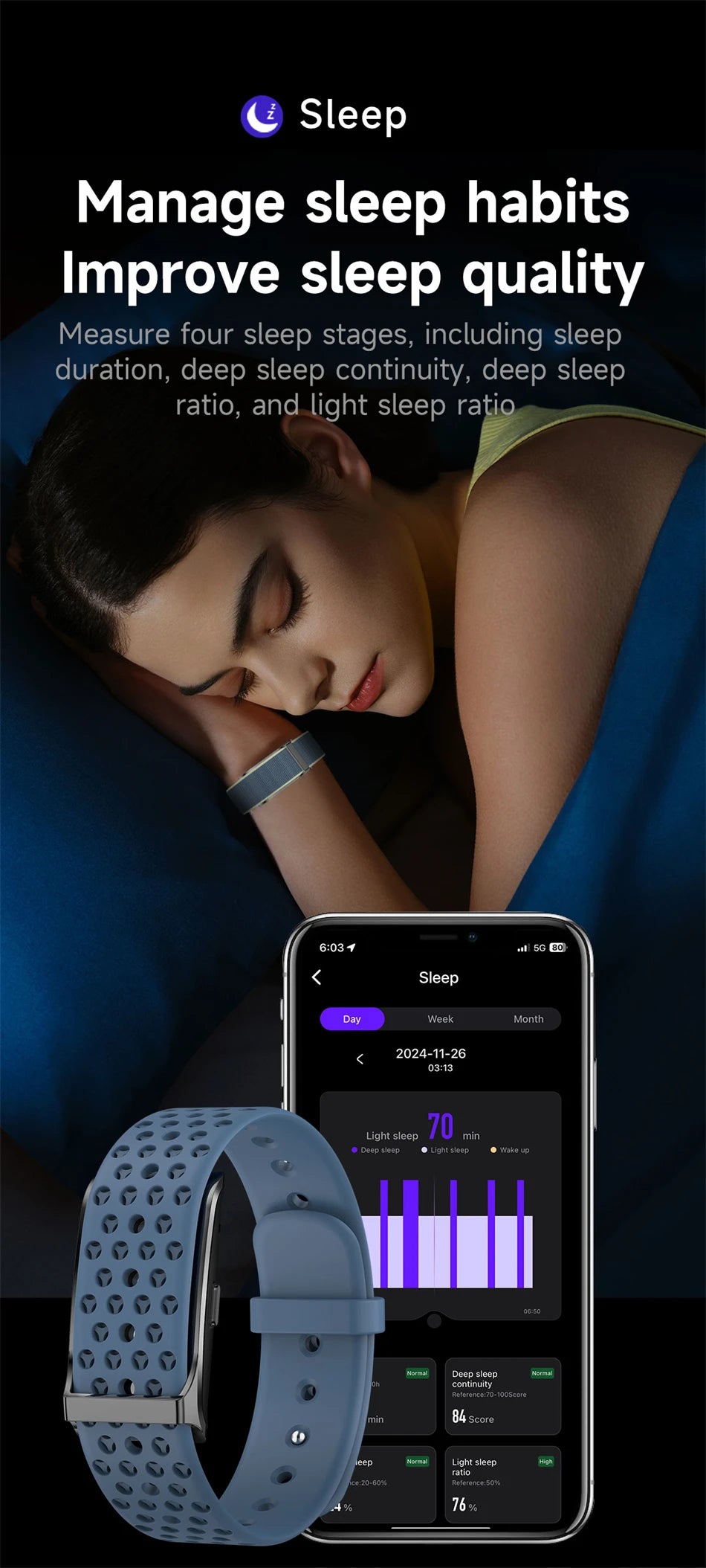 Bracelet Connecté Sport & Santé – Suivi Continu 24h/24 | Sommeil, Stress & Multi-Sport | Monitoring Santé Automatique