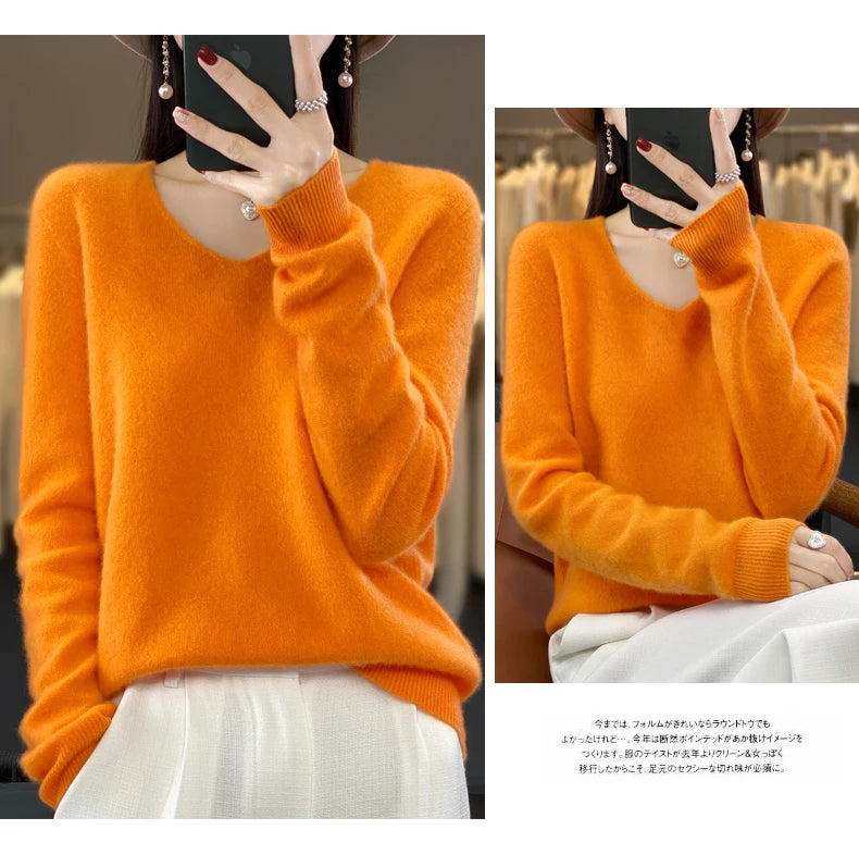 Kaschmirpullover 100% Wolle V-Ausschnitt Damen - Strick Casual Korean Fashion Herbst Winter
